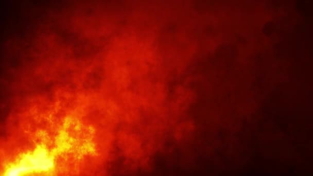 摘要带烟云照明弹的环状橙色火球在黑色背景下向右上方流动 产生动画效果 4K三维大气中的软雾 乌云及灰尘对深色背景环境的影响 — 图库视频影像