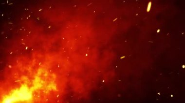Abstract loop glow orange fire particles with smoke cloud flare explod flow to top right effect animation. 4K 3D atmosphere soft fog, smog, smoke, cloud with dust on dark backdrop environment effect 