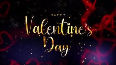 Animation Happy Valentines Day golden text with flying red hearts and flare light cinematic title abstract on black background.  4K 3D romantic Valentines day Gold Text Titles Greeting VDO footage.
