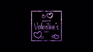 Happy Valentines Day purple glittering text in purple frame animation abstract background. 4K 3D isolated QuickTime Alpha Channel ProRes 4444.