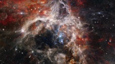 Loop Space Flight deep space exploration travel to The Tarantula Nebula also known as 30 Doradus, H II region in the Large Magellanic Cloud. 4K 3D looping space exploration. 