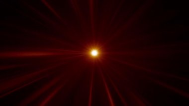 Loop center rotating star glow orange red rays lights optical lens flares shine animation art on black background. Lighting lamp rays effect dynamic bright video footage. Gold glow star optical flare motion