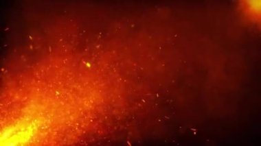 Soyut turuncu ateş tozu parçacıkları duman bulutu patlaması ile alt sol etki animasyon arka planından fışkırır. 4K 3D atmosfer yumuşak sis, sis, duman, toz bulutu ve kara zemin çevre etkisi 