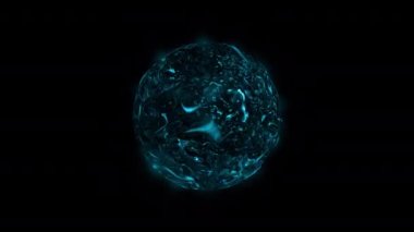 Abstract loop blue plasma energy planet sphere on black background. 4K 3D rendering seamless loop animation. Fractal art sphere globe geometric dark blue planet element for technology, science, engineering. 