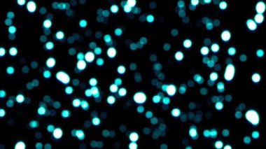 Mavi ışıltı baloncukları siyah soyut arkaplanda yüzer. 4K 3D kusursuz döngü animasyonu. Kış tatili konsepti, Mutlu Noeller, yeni yıl, düğün, kutlama 