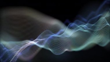 Soyut 3D yorumlama teknolojisi altın noktalar dijital parçacıklar fütürist hitech teknolojisi konsepti için dalga arkaplan
