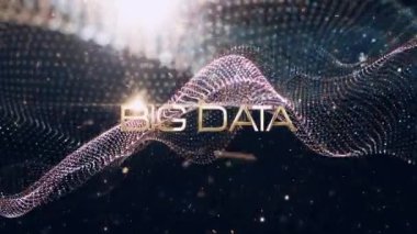 Big Data metni soyut bilim Hitech teknolojisi fütüristik 3 boyutlu sinematik başlık ve parlak dijital parçacıklar arka plan dalgaları. İş ağı teknolojisi tanıtımı için animasyon.