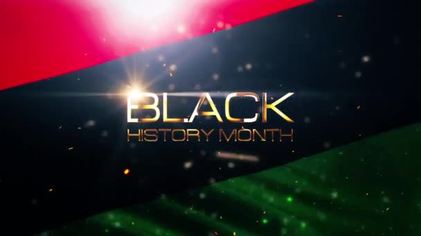 Zwarte Geschiedenis Maand Gouden Tekstwoord Met Pan Afrika Vlag Zwaaiend — Stockvideo