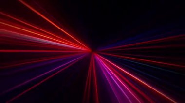 Soyut döngü, siyah arka planda parlayan pembe, kırmızı, bleu, lazer merkezli, radyal ışık demeti. 4K 3D fraktallar kusursuz döngü sonsuz karmaşık parlayan radyal ışık çizgileri.