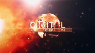 Dijital Dönüşüm Altın Hareketi işaret fişeği efekti sinematik karavan başlığı arka planında parıltılı dijital altın baloncuk dünya rotasyonu ve ateş parçacıkları siyah soyut arkaplan üzerinde akıyor. 