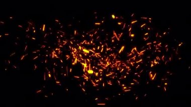 Parlak turuncu ateş parçacıkları siyah soyut arkaplanda patlamaya neden olur. Ateş parçacığı animasyonunu hareket ettirir. QuickTime Alpha Channel 444 'ü kullanarak izole et