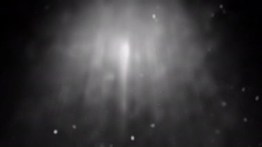 Siyah ve beyaz ışık ve beyaz toz parçacıkları içeren soyut bir beyaz duman halkası. Gizem, korku ve cadılar bayramı arka planı için sinematik animasyon arka planı. 4K 3B sis buharı ortam canlandırması
