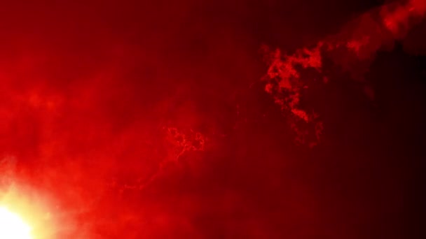 アブストラクトループ黄色の赤光フレアライト煙雲火災粒子は 黒の背景に左上から右上の効果アニメーションに流れます 3D雰囲気柔らかい霧 スモッグ 暗闇の中でほこりと雲 — ストック動画