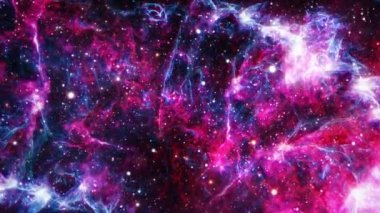 Derin uzayın soyut arka planında kıvılcım saçan kırmızı bulutsu Samanyolu 'na uzay yolculuğu. 4K 3D pürüzsüz bilim kurgu-uzay uçuşu parlayan enerji gazı bulutu nebulası. Galaksi astronomi araştırması. 