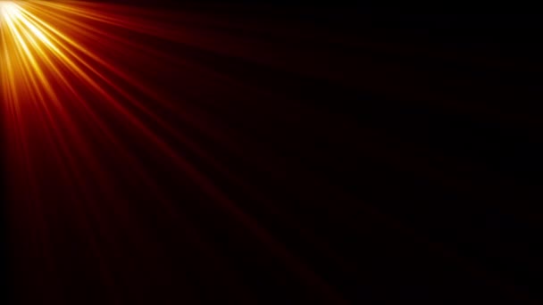 光線のループは 黒の抽象的な背景に左上のアニメーションからオレンジ色の赤の光フレア光を輝きます 側面対角光レンズは 光沢のあるアニメーションアートの背景をフレア 照明太陽光線シミュレーション効果 — ストック動画