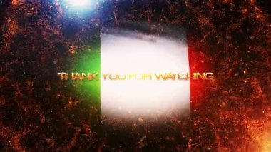 Altın metin hareketini izlediğiniz için teşekkür ederiz. Yangın patlaması ve altın parçacıklar sinematik başlık arka planında İtalya bayrağı arka planında. 