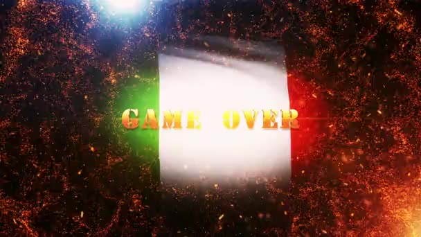 游戏覆盖金色文字移动与火爆和金色粒子电影拖车的背景意大利国旗背景 — 图库视频影像