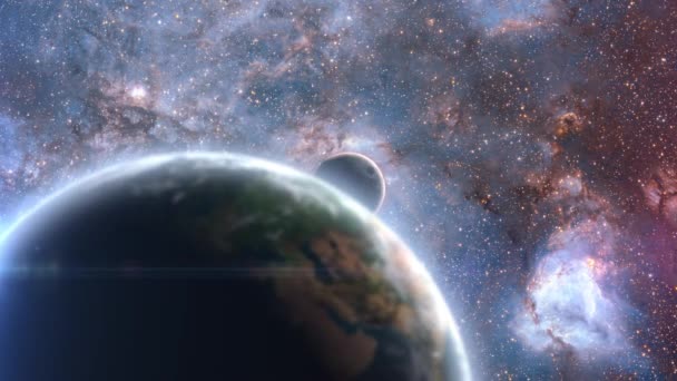 Deep Space Travel Animation Фон Земля Луна Млечном Пути Светящимся — стоковое видео