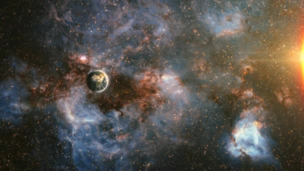 以银河背景为背景的地球和太阳抽象宇宙动画 进入外层空间的空间飞行 空间飞行进入星域的4K 3D渲染 — 图库视频影像