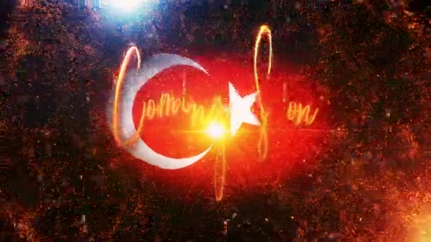 带有火爆和金色粒子的金色文字运动 带有土耳其国旗背景的电影预告片 — 图库视频影像