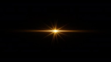 Döngü merkezi dönen altın sarısı uzun kollu yıldız ışınları optik mercek ışıkları parlayan animasyon sanatı ve siyah soyut ekran projesi örtüsü. Lamba ışınları dinamik, parlak video görüntülerini etkiler. Altın parıldayan yıldız 
