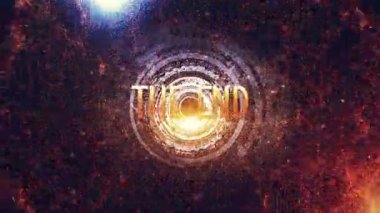 The End Gold metin hareketi işaret fişeği efekti fütürist hitech sinematik karavan başlığı arka planda yangın patlaması ve HUD animasyon soyut arka planda altın parçacıkları  