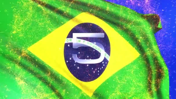 Pět Sekund Odpočítávání Časovač Brazilskou Vlajkou Mávání Animace Modrém Pozadí — Stock video