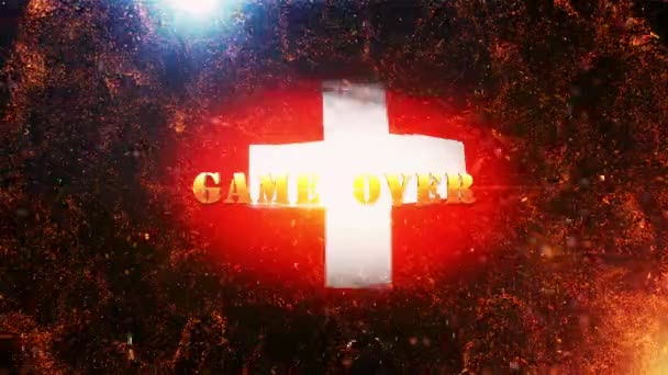 游戏覆盖金文字运动与火爆和金粉电影预告片背景与瑞士国旗背景 — 图库视频影像