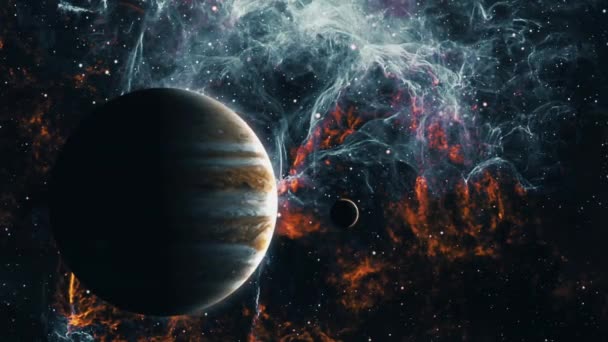 抽象的な星雲の中の木星との抽象的な宇宙探査惑星の背景 — ストック動画