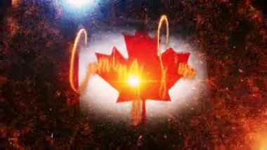 Yakında altın renkli metin hareketi ile yangın patlak ve altın parçacıklar sinematik başlık arka planı Kanada bayrağı arka planı.