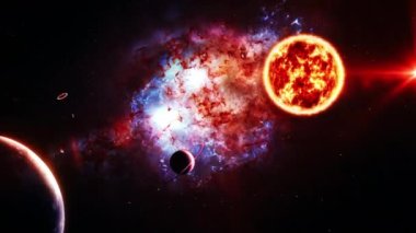 Uzak gezegen evreninde çift quasar ile soyut dış uzay görüşlü yabancı güneş sistemi bilim kurgu animasyonu. 