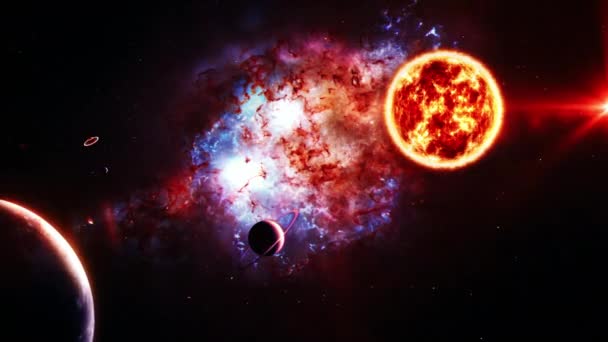Abstracto Espacio Exterior Vista Alienígena Sistema Solar Con Doble Cuásar — Vídeos de Stock