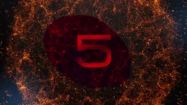Fünf Sekunden Countdown Timer Mit Abstraktem Feuerausbruch Und Glutpartikel Auf — Stockvideo