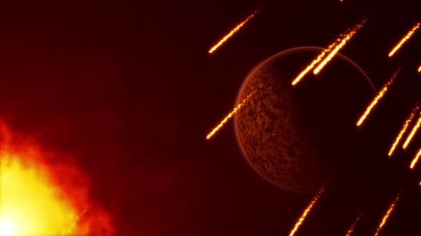 带流星体坠落的环绕橙色能量行星的环状宇宙背景 — 图库视频影像