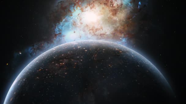 アブストラクト宇宙ビュー遠方宇宙に二重クエーサーを持つ未確認宇宙外惑星背景アニメーションアブストラクトSf銀河映画タイトル — ストック動画