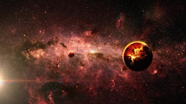 アブストラクト宇宙観宇宙シーン抽象Sf宇宙背景にあるエイリアン惑星銀河センターミルキーな方法 4K未来型エイリアン惑星への旅行 奇妙な亀裂表面 — ストック動画