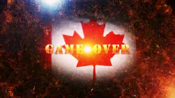 游戏覆盖金色文字移动与火爆和金色粒子电影拖车的背景与加拿大国旗抽象背景 — 图库视频影像