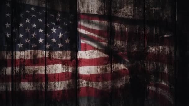 回旋美国国旗视频挥动在风力动画的木材抽象背景 3D美国国旗动画背景 美国7月4日美国国旗飘扬镜头 Grunge美国国旗美国国旗视频 — 图库视频影像