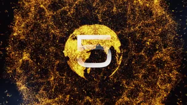 Countdown Digitaal Tekstnummer Van Five Zero Met Abstracte Gouden Aardebol — Stockvideo