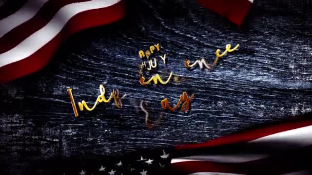 7月4日独立日快乐金光闪烁着动漫文字效果动画片片名美国国旗黑色抽象背景 — 图库视频影像
