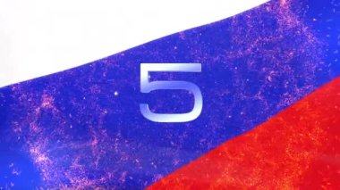Soyut Rusya bayrağına sahip 5 saniyelik geri sayım zamanlayıcısı rüzgarda sallanıyor ve yangın animasyon soyut arkaplanını patlatıyor. Zamanlayıcı soyut arkaplanı sayarken beşten sıfıra kadar sayım efekti.