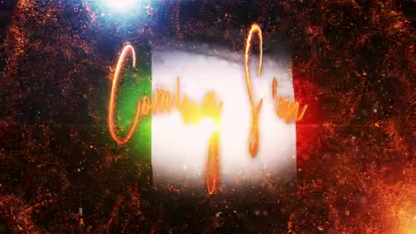 带着火爆和金色粒子的金文本运动 带有意大利国旗背景的电影预告片 — 图库视频影像