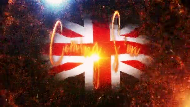 即将到来的金色文字词 带有英国国旗在风向质感中摇曳 顶部光学镜头闪光灯和辉光波克和火爆裂电影片名的抽象背景 — 图库视频影像