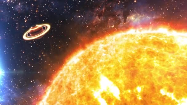 带有星系空间宇宙背景的太阳和土星动画 进入外层空间的空间飞行 空间飞行进入星域的4K 3D渲染 — 图库视频影像