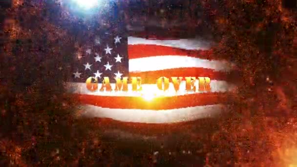 游戏覆盖金文本运动与火爆和金粉电影预告片背景与美国国旗抽象背景 — 图库视频影像