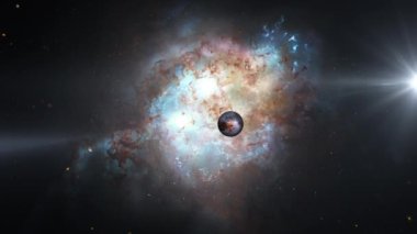 Uzak evrendeki The Double Quasar 'daki soyut Uzaylı Gezegeni derin uzay arka planında uzay gökadası uçuş keşfi. Çifte Kuasar Nebulasına 4K 3D uçuş. Uzayda Yıldız Alanı, Galaksi ve Bulutsuyla Uçuş. 