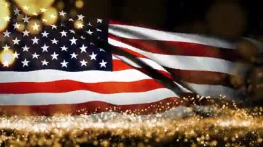 Amerikan bayrağı deseni, siyah soyut arka planda altın parçacıkları ve bokeh ile dalgalanıyor, Amerikan bayrağı. 4K 3D Grunge ABD bayrağının dalgalanan videosu