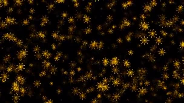 Loop Flow Falling Glow Gold Snowflakes Black Abstract Background Animation — Αρχείο Βίντεο