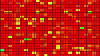 Sarı Turuncu Kırmızı Piksel LED dijital ızgara ışıkları siyah soyut arkaplan üzerinde desen animasyonu. Parlak projektörler yanıp sönen bilgisayar teknolojisi ışıkları. Soyut açık mavi pikselli mozaikler.
