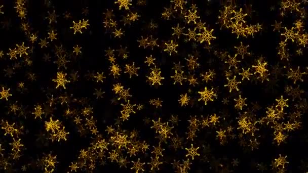 Loop Beautiful Falling Glow Gold Snowflakes Animatin Black Abstract Background — Stock Video
